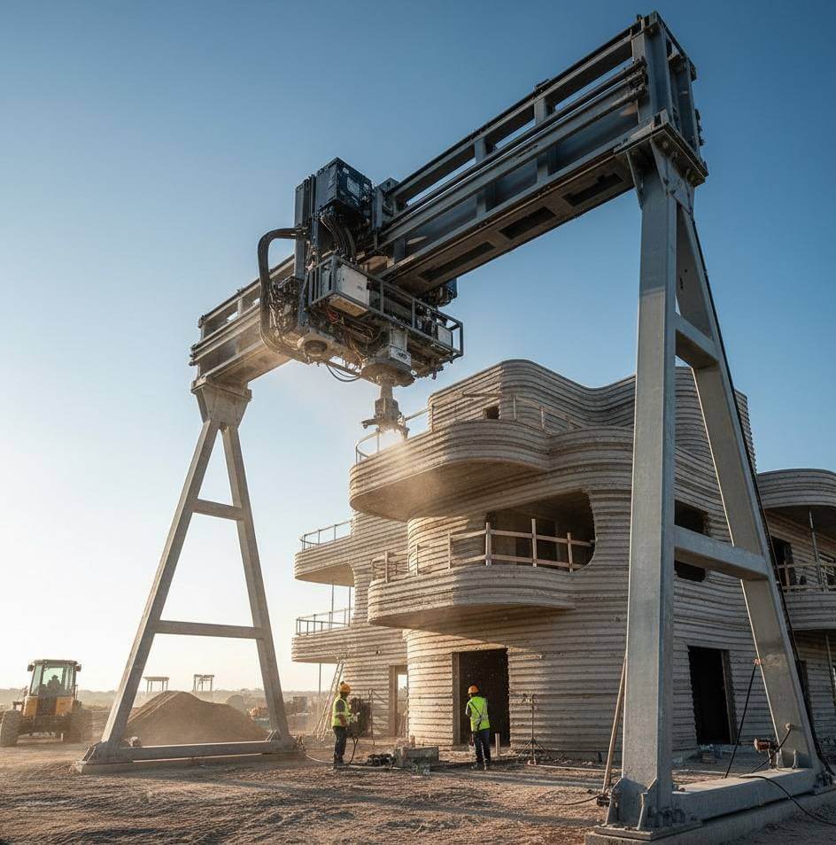 A large gantry 3D printer constructing the walls of a house, AI generated.