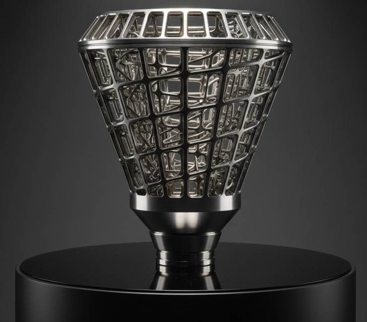 A complex, 3D printed rocket engine injector head on display, AI generated.