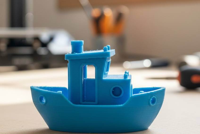A photo of a successfully printed blue Benchy boat, AI generated.