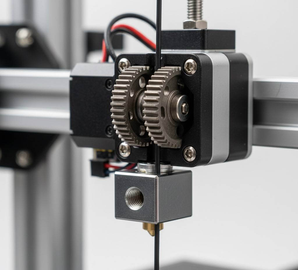 A close-up photo of a modern direct drive extruder on a 3D printer, AI generated.
