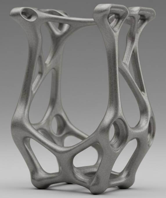 A photorealistic image of a complex, generatively designed aerospace bracket, AI generated.