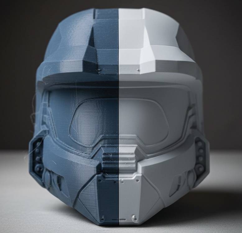 A 3D printed object showing a before and after of sanding and priming, AI generated.